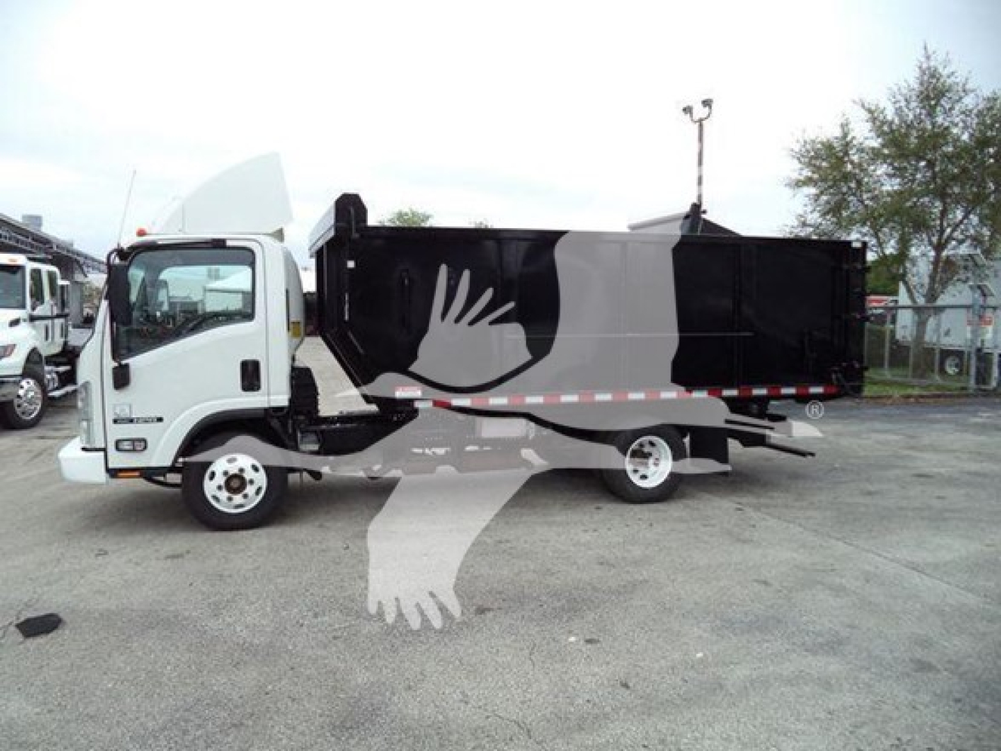Isuzu NPR dump truck side view showing cargo bed and cab with VIN 54DB4W1B8LS804471 visible on listing.