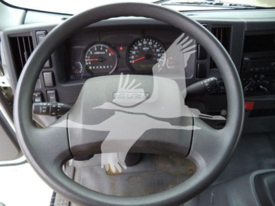 Isuzu NPR truck cabin steering wheel view showing dashboard gauges and pedals.