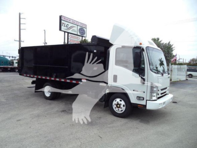 Isuzu NPR dump truck in a lot with black dump body and white cab. Side shows no legible model text; background includes TLC sign.