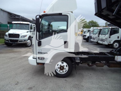 Isuzu NPR dump truck side view showing cab and front wheel with other trucks in background.