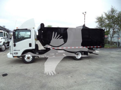Isuzu NPR dump truck side view showing cargo bed and cab with VIN 54DB4W1B8LS804471 visible on listing.