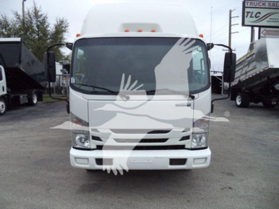 Isuzu NPR dump truck front view showing windshield, headlights, grille, and bumper with side mirrors.