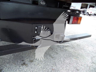 Isuzu NPR dump truck rear view showing hitch plate and step/bumper with tail light, black metal frame and plate.