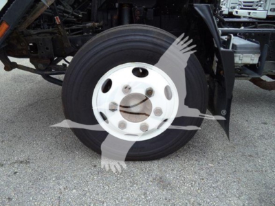 Isuzu NPR wheel and front suspension view showing tire and white steel wheel with lug nuts.
