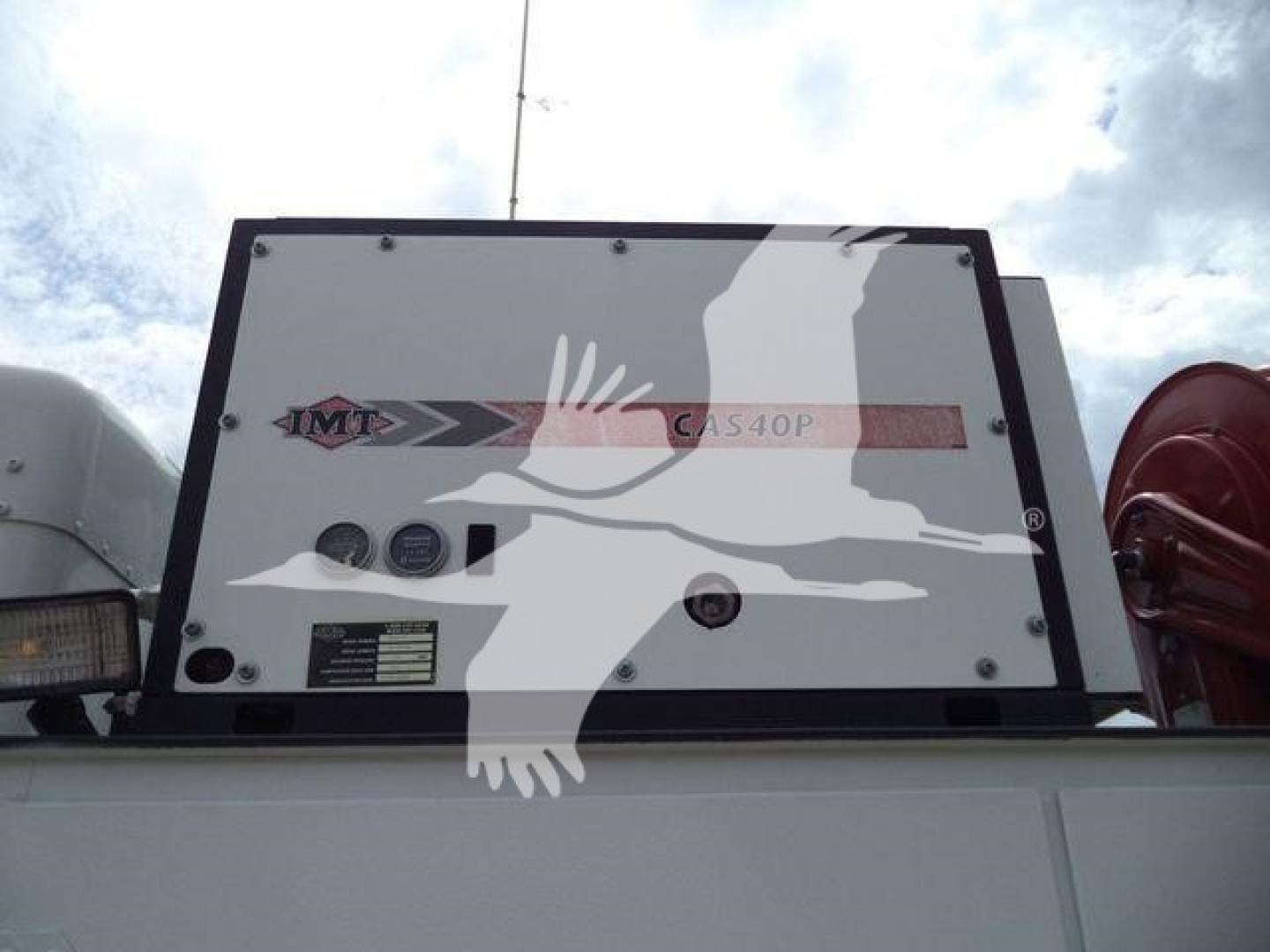 Kenworth T270 engine bay access panel with MTZ branding and gauges, showing a large label with 'C A S 4 0 P' and black frame.