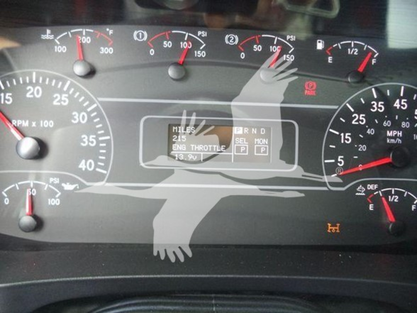 Dashboard of a 2025 International MV showing multiple gauges and a digital display with gear indicator and RPM/engine metrics.