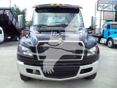 International MV truck front view showing grille and headlights with winch category label and VIN 3HAEUMMLXSL178070.