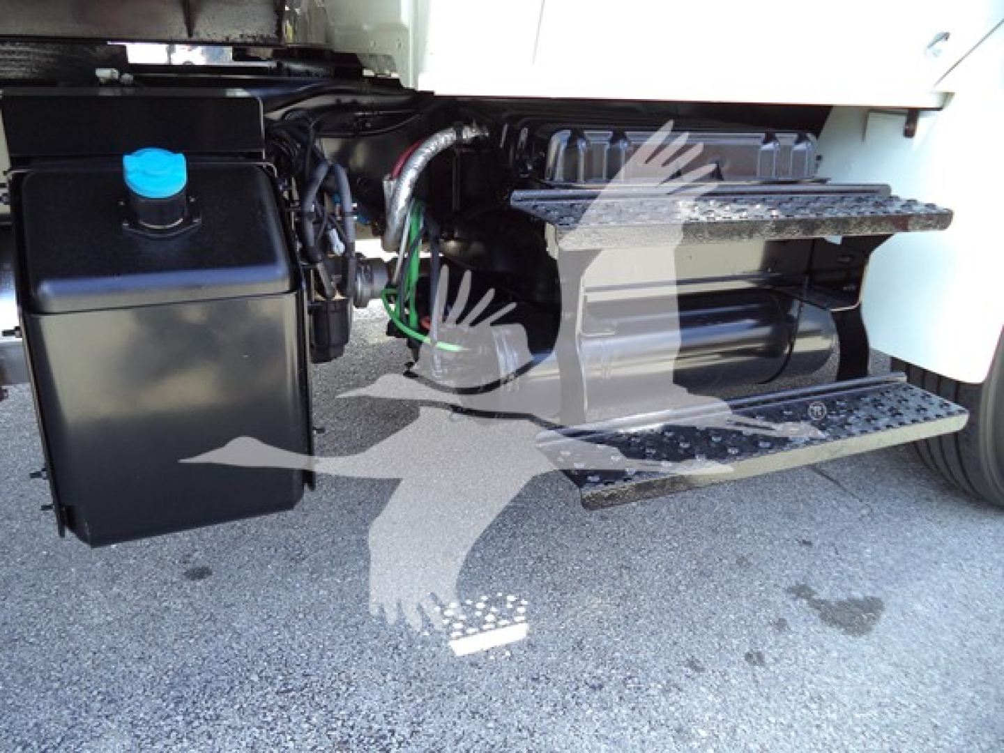 Truck side view showing fuel/windshield washer reservoir with blue cap, auxiliary battery/box, and metal steps, undercarriage and wiring visible.
