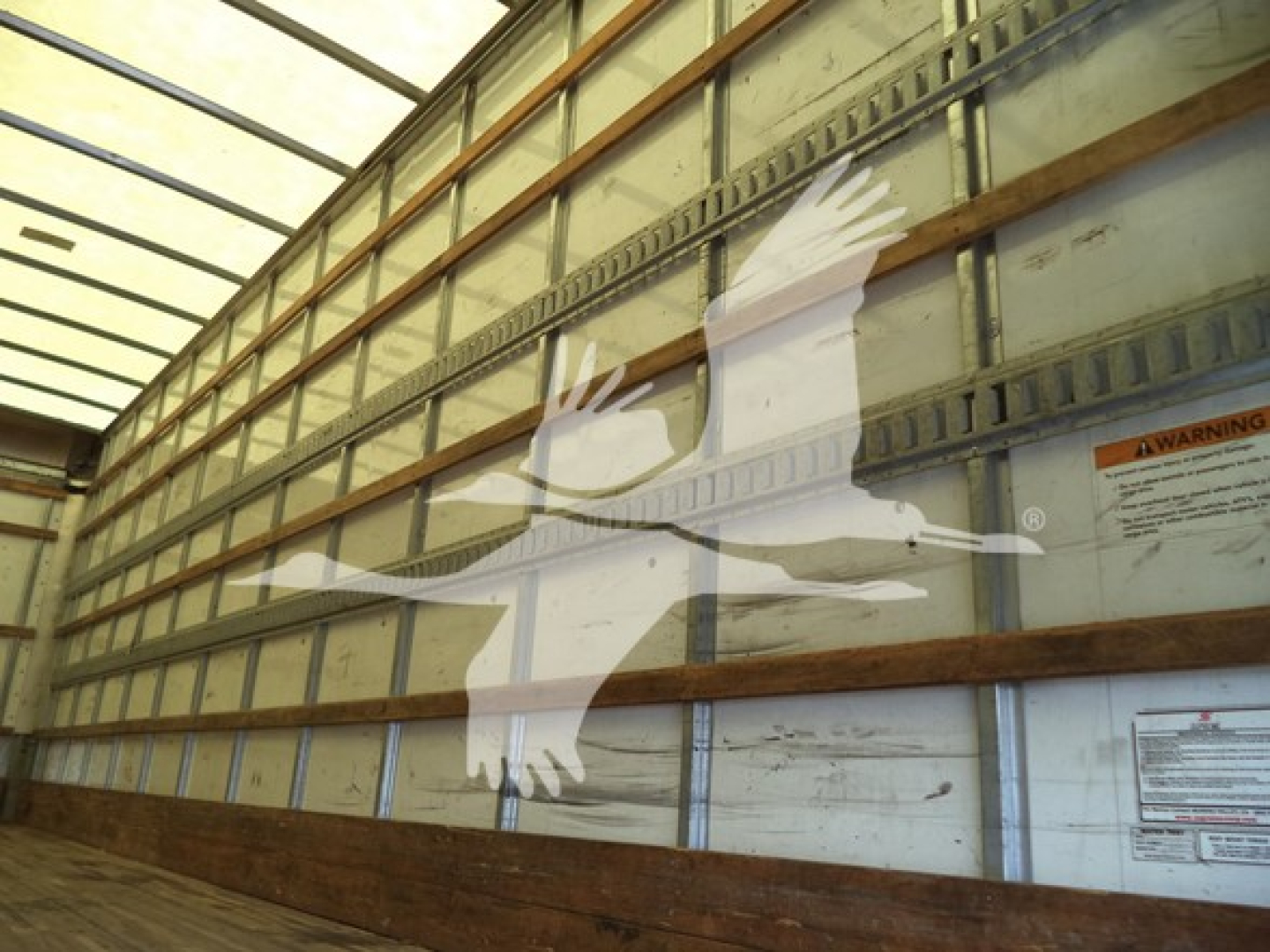 Image of an interior view of a truck trailer with a large white logo of a flying bird on the side; no vehicle details visible.