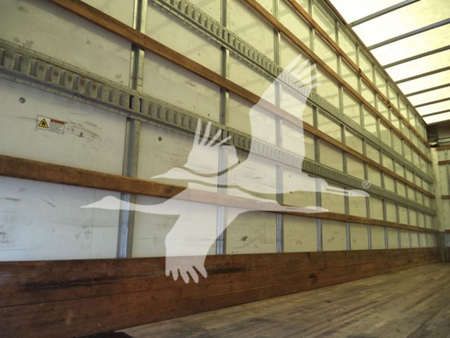 Trailer interior with empty wooden floor and metal sidewalls; watermark of a flying bird emblem overlayed.