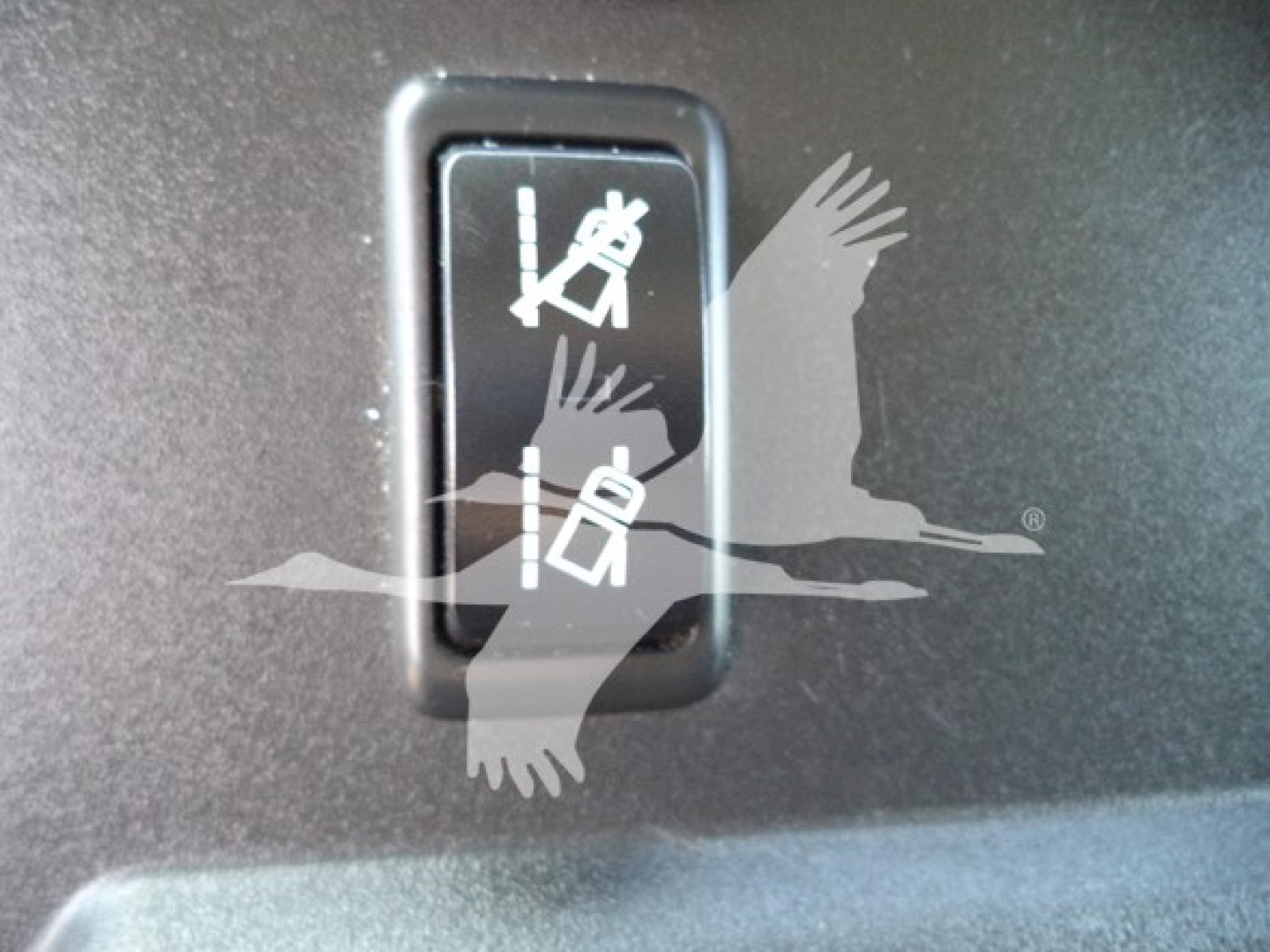 Tractor-trailer style cab interior switch panel showing two seatbelt icons, within a window and reflection of birds overlay.