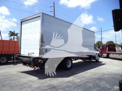 International MV box truck trailer showing rear storage doors and side panel with shadow of a seagull overlay