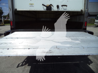 Truck box truck tailgate/low bed with ramp open and tailgate latch visible