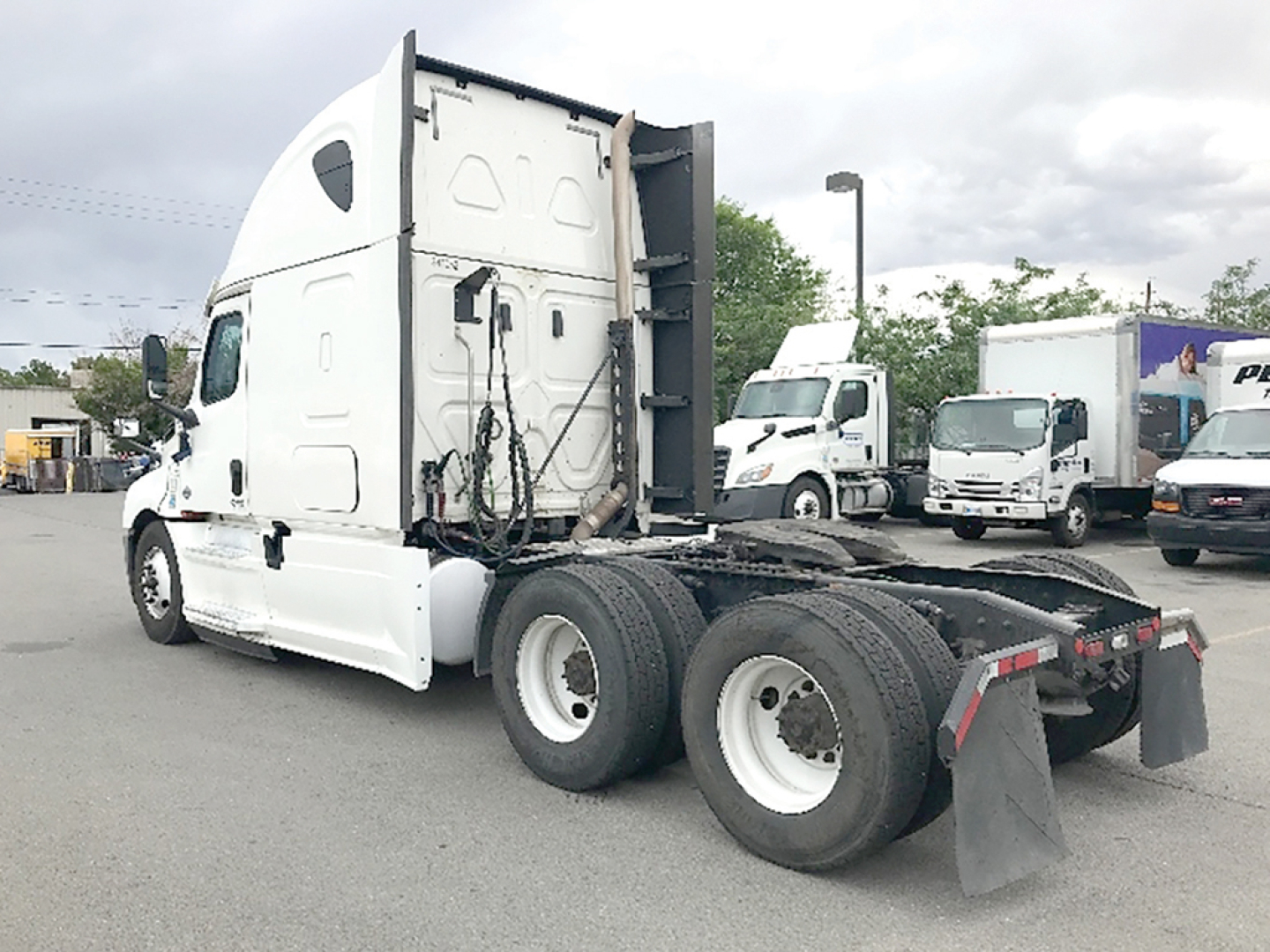 Truck rear and cab of a white Freightliner Cascadia126 tractor, showing rear dual axles and mud flaps.