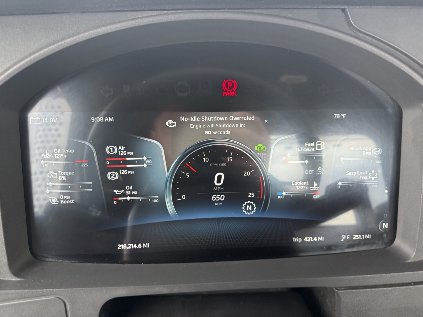 Dashboard display of a Kenworth T880 showing digital gauges, fuel economy and drivetrain readouts. 0 mph indicated, trip data, and warning icons visible.