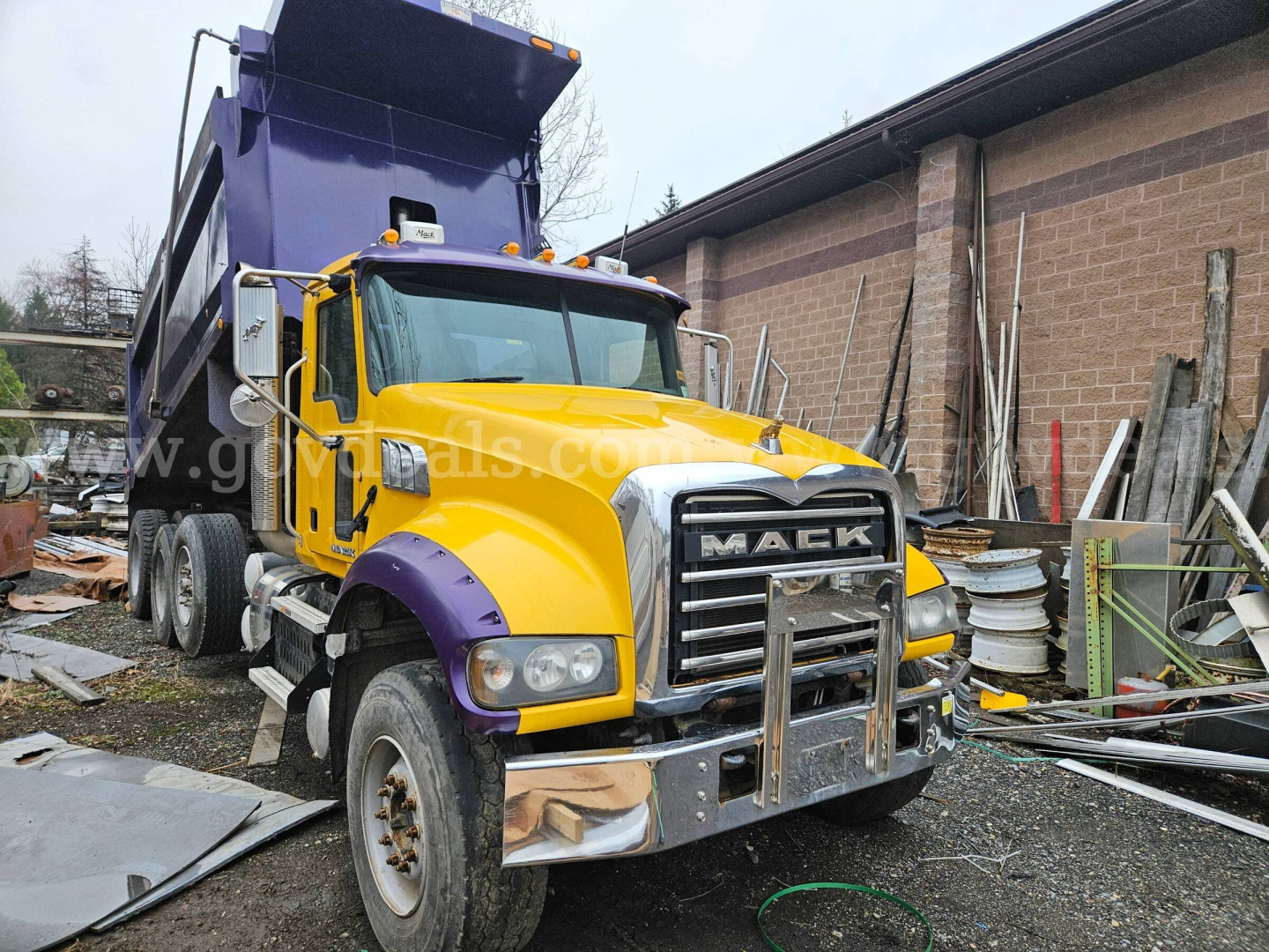 Mack GU713 dump truck in yellow and purple colors with dump bed raised, front grille reads MACK.