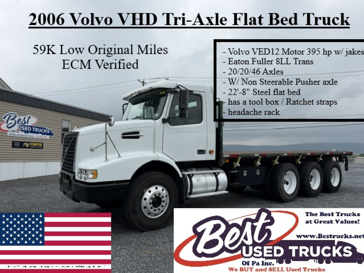 2006 Volvo VHD Tri-Axle Flat Bed Truck showing 59K low original miles, ECM verified; listing features include Volvo VED12 Motor 395 hp w/ jakes, Eaton Fuller 8L T...