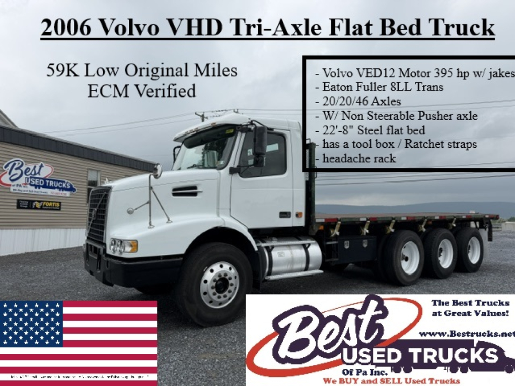 2006 Volvo VHD Tri-Axle Flat Bed Truck showing 59K low original miles, ECM verified; listing features include Volvo VED12 Motor 395 hp w/ jakes, Eaton Fuller 8L T...