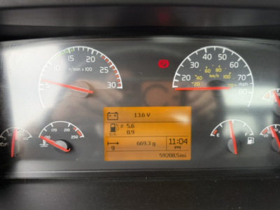 Vehicle dashboard with digital readout showing 13.6 V, 5.6 gph, 0.9? and 669.3 g on orange screen; gauges around show engine RPM and speed; Volvo VHD likely during use.