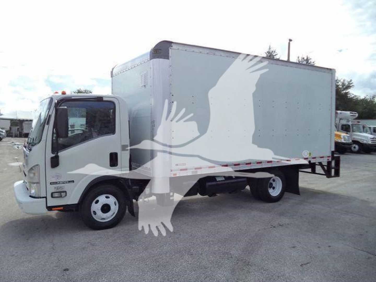 Isuzu NPR-HD box truck showing side cargo box and front cab with white and gray livery.