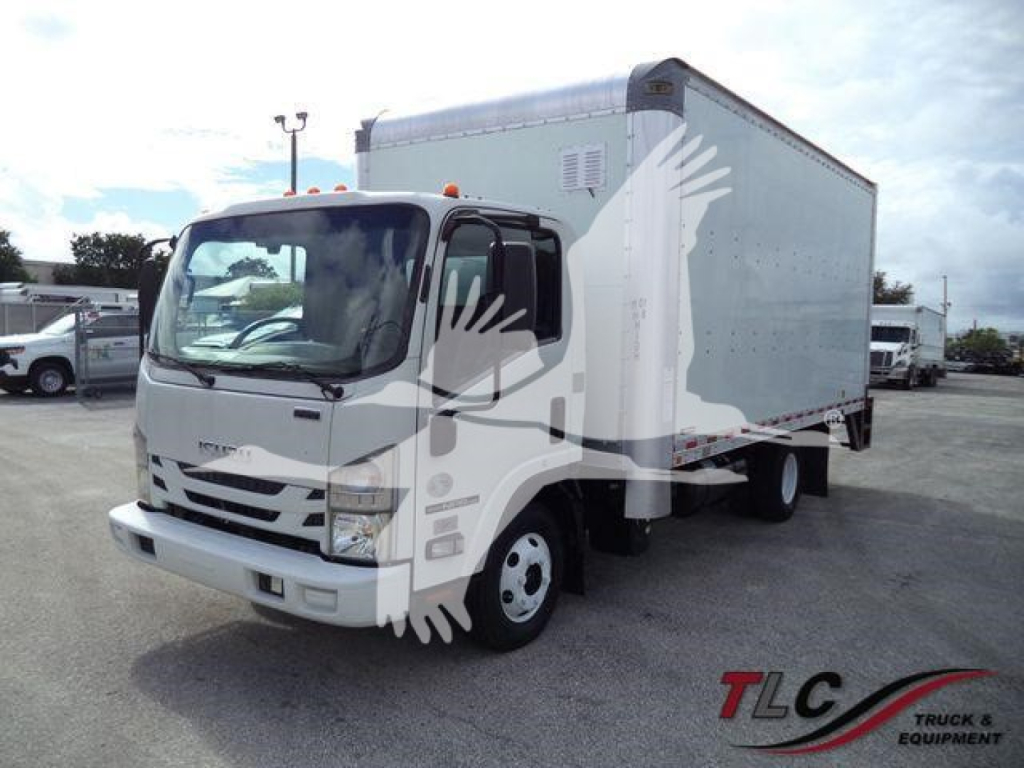 Box truck with gray cargo area and white cab from a 2021 Isuzu NPR HD, stock T06129FM, used condition.