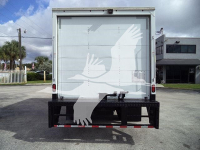 Isuzu NPR HD box truck rear view showing white cargo doors with bird graphic and rear bumper.