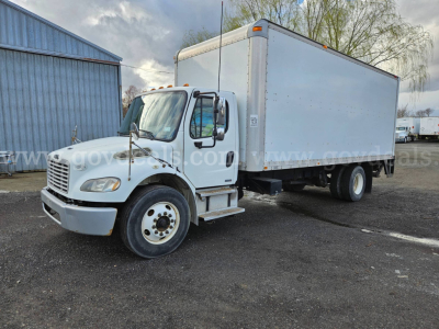 Box truck with white cab and attached box body, front-left view, Freightliner M2 106, used condition, VIN 1FVACWDT39HAG6983.