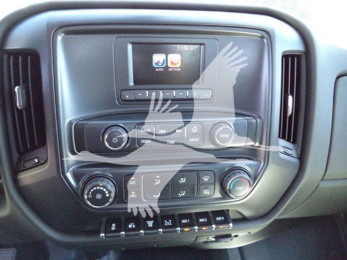 Dashboard of a 2023 Chevrolet Silverado 6500HD showing infotainment screen and climate controls