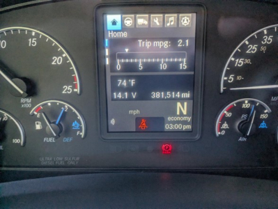Dashboard display of a 2022 Freightliner Cascadia 126 showing trip mpg 2.1, 14.1 V, 381,514 mi, N gear, fuel gauges, and center console with a digital screen.