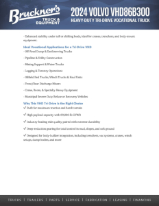 Brackner's Truck & Equipment 2024 Volvo VHD86B300 spec sheet. Text mentions '2024 Volvo VHD86B300 Heavy-Duty Tri-Drive Vocational Truck' with features list and bullet points. Also shows categories and a blue header image.