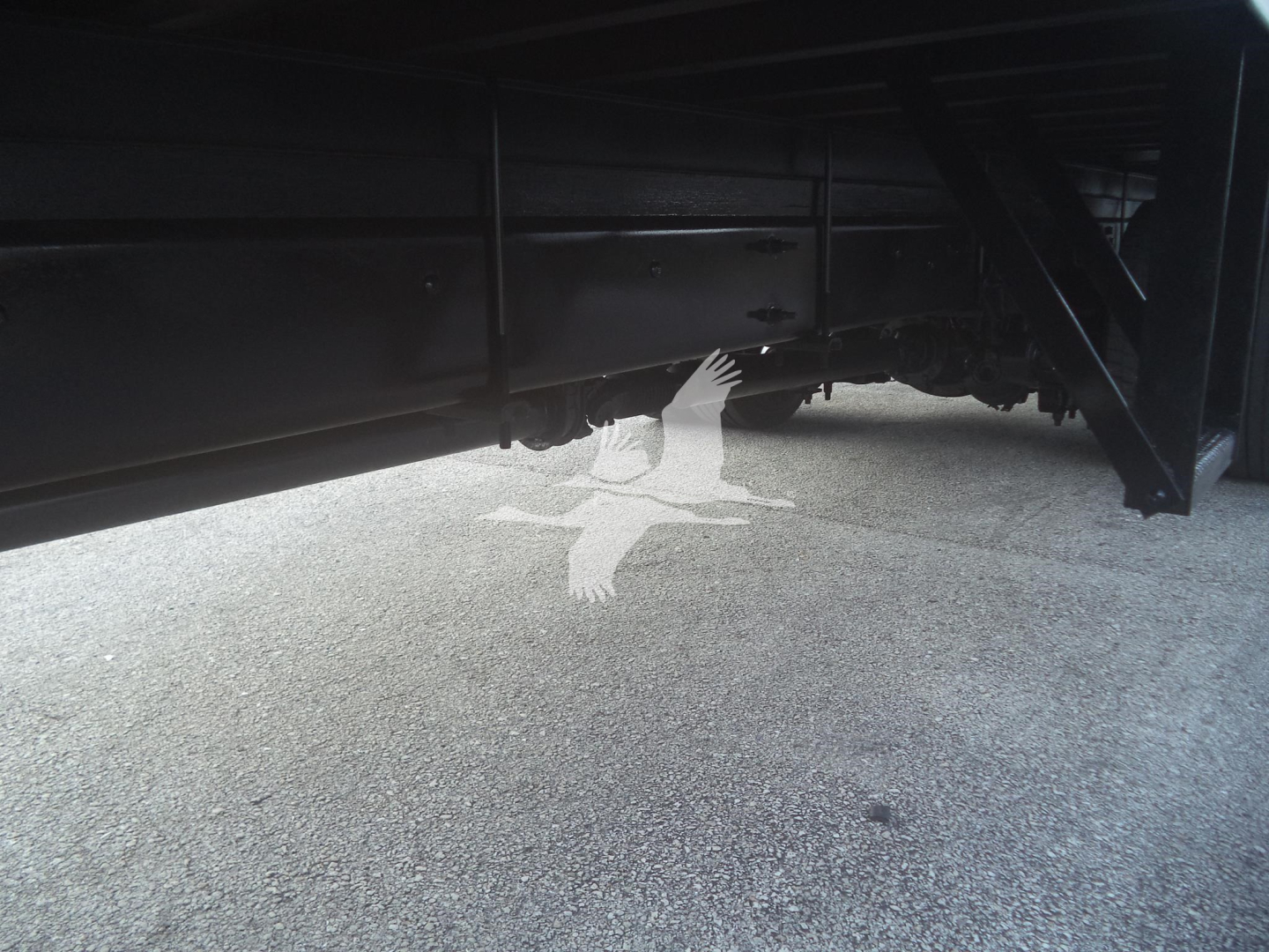 Underneath view of a 2020 International MV moving van showing chassis and undercarriage components.