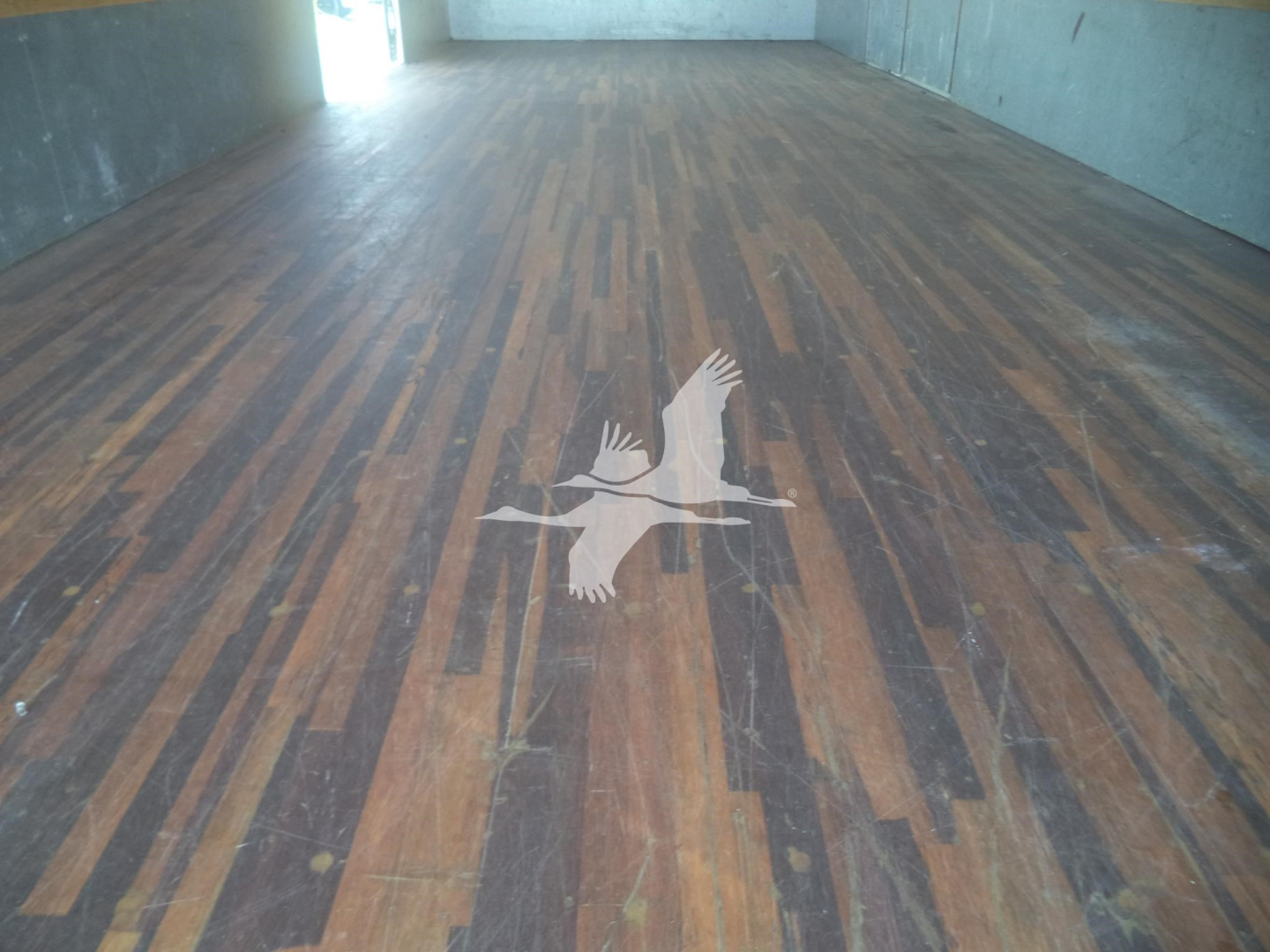 Interior trailer with wooden planks and a white logo of a bird in flight on the floor.