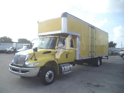 Truck cab in front with yellow moving van box, stock number T94955, VIN 3HAEWMML4LL194955, category moving van, used truck.