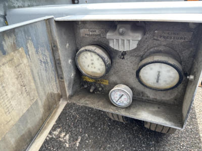 Panel with two gauges labeled Tank Pressure and Line Pressure, plus a small gauge; dusty metal control box on a pneumatic trailer exterior.