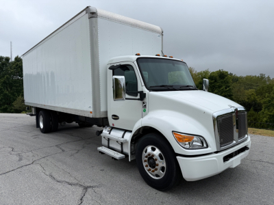 Kenworth T380 box truck in white, side view showing cab and large cargo box with dual rear wheels.