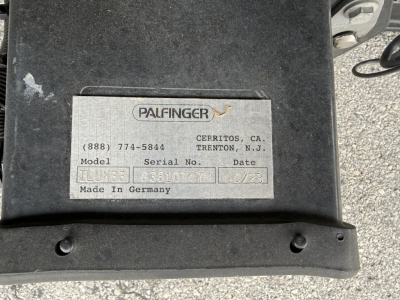 Palfinger label on equipment showing model LU35, serial number 3810741, date 12/23, Made in Germany, contact info (888) 774-5844, Cerritos CA / Trenton NJ.