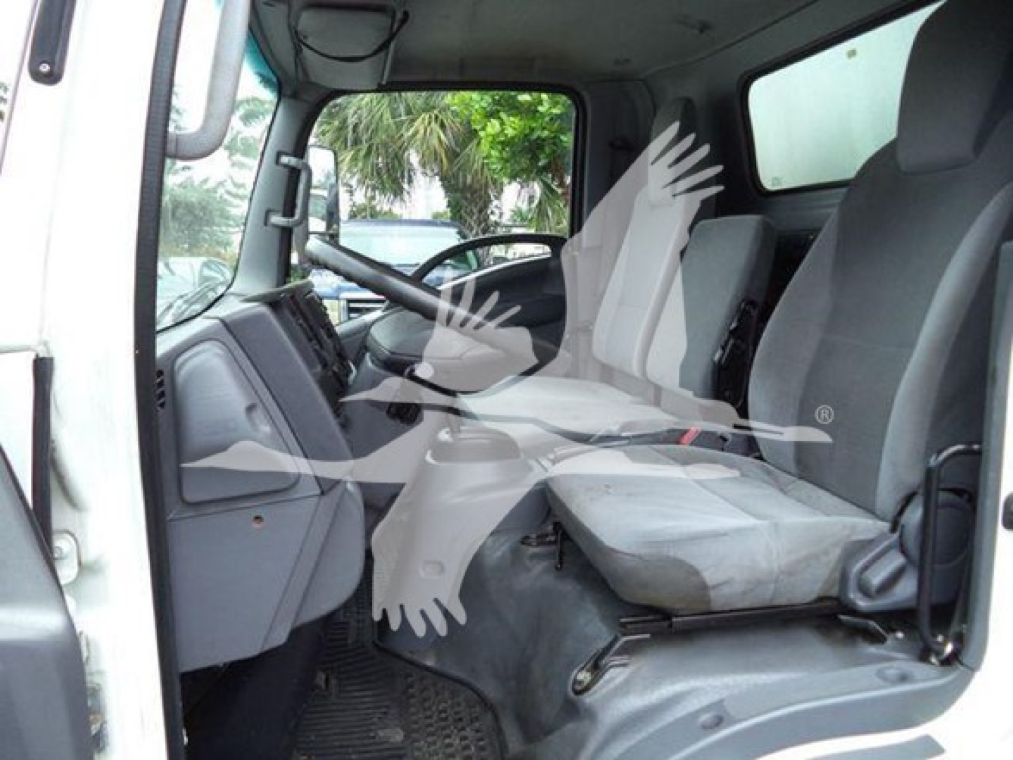 Isuzu NQR truck cab interior showing driver seat and front passenger seat with steering wheel, dashboard, and floor mat.