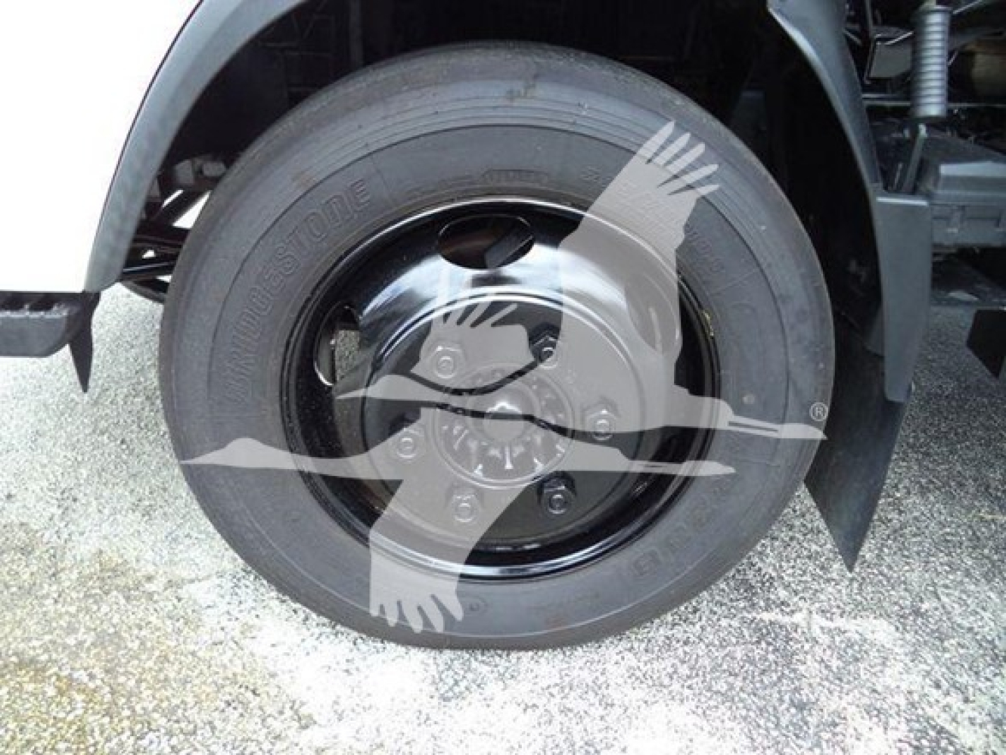 Isuzu NQR front wheel shown with Bridgestone tire and steel hubcap, part of a refrigeration truck.