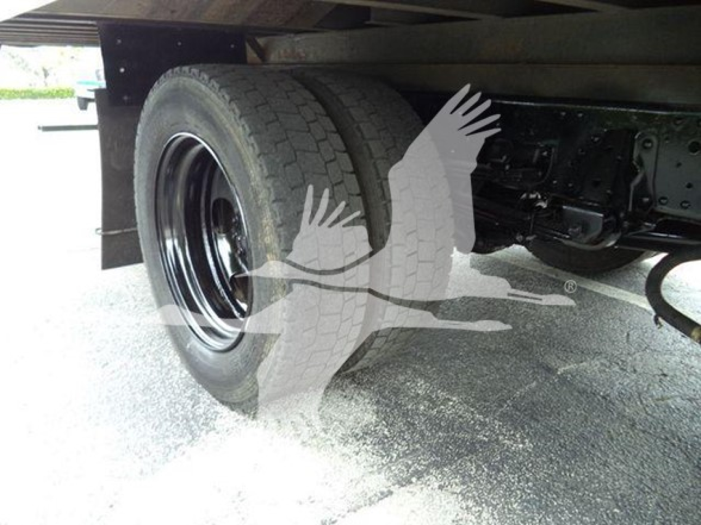 Isuzu truck undercarriage showing rear wheel and suspension with black wheel rim and dual rear axle components.