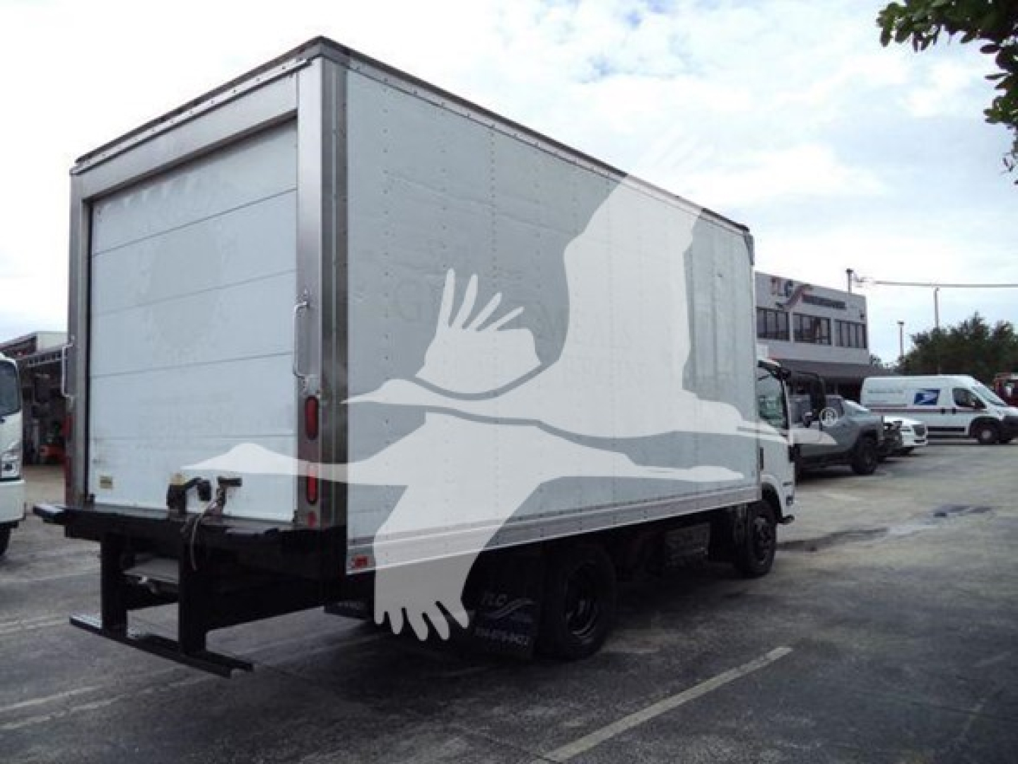 Isuzu NQR refrigerated truck in a used inventory lot, side and rear views visible.