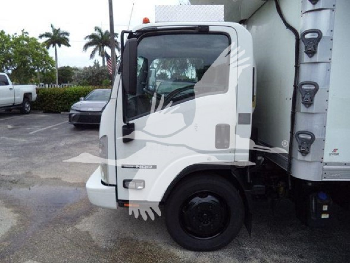 Isuzu NQR truck cab in side view showing part of refrigerated box and front wheel.