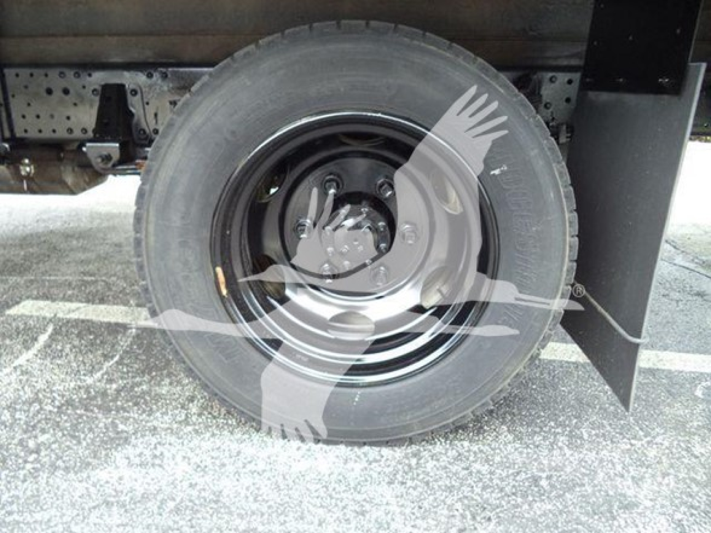Wheel and tire of a refrigerated Isuzu NQR truck showing steel rim and tire with hub and undercarriage visible.
