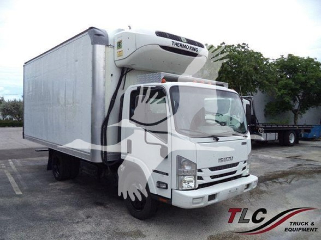 Isuzu NQR refrigerated truck with Thermo King unit on rooftop side view showing cargo box and cab details