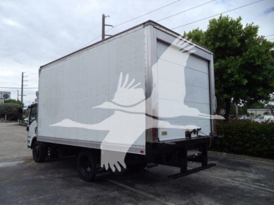 Isuzu NQR box truck with refrigerated body; side view shows cargo box and rear regulations; no legible labels visible from this angle.
