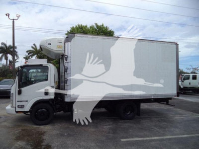 Isuzu NPR-style refrigerated truck with white cab and cargo box, stock number T00470, side view showing refrigeration unit at cab-front.