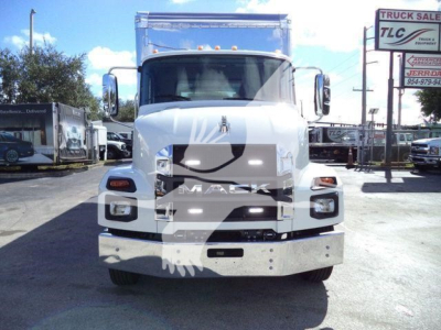 Front view of a white 2026 Mack MD6 rollback truck showing grille, bumper, headlights, and side mirrors.