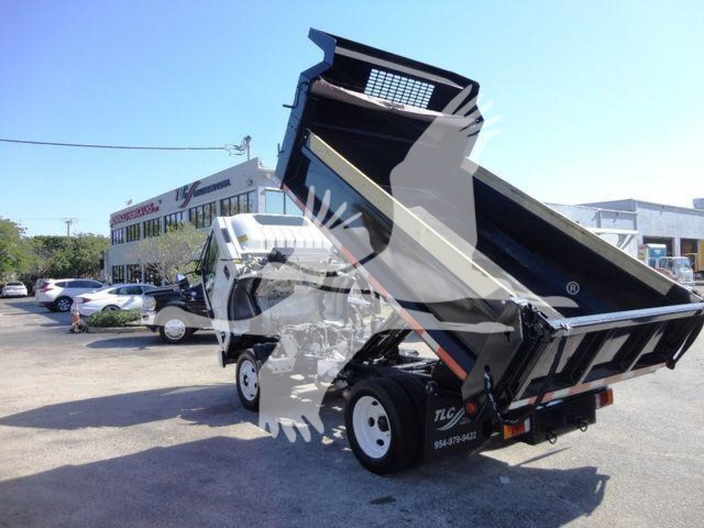 Isuzu NPR HD dump truck with raised bed in a dealership lot, showing the cargo bed angled upward and rear wheels visible.