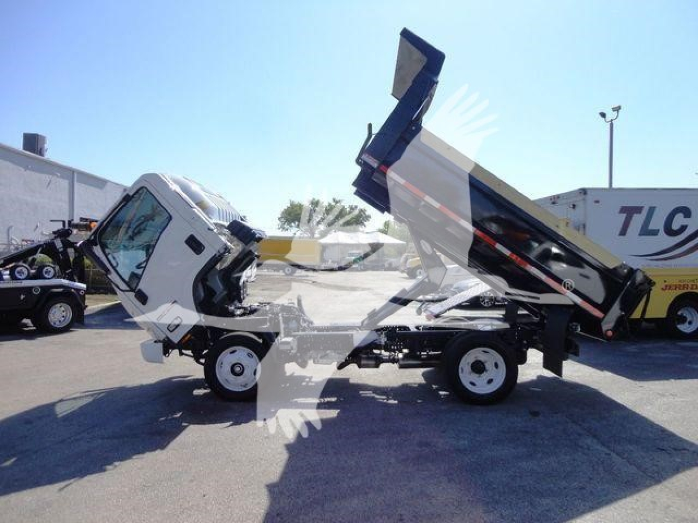 Isuzu NPR-HD dump truck side view showing tipping bed raised, cab forward design, white cab and black dump body.