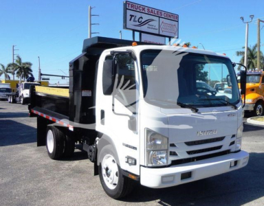 Isuzu NPR-HD dump truck shows white cab and black dump bed with TLC Truck Sales Center sign in background.