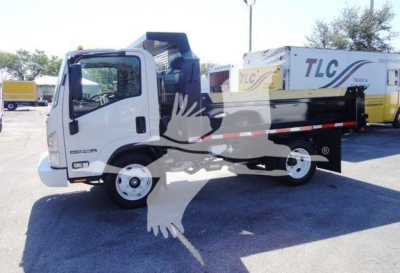 Isuzu NPR-HD dump truck side view showing empty dump bed and cab, white with black chassis, at a dealership lot.